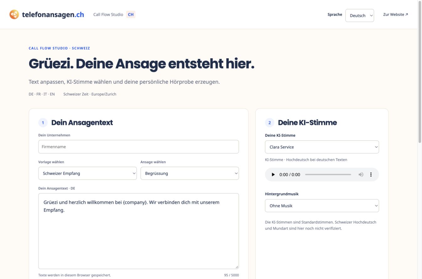 Schweizer Studio-Einstieg mit Text, KI-Stimme und Musik